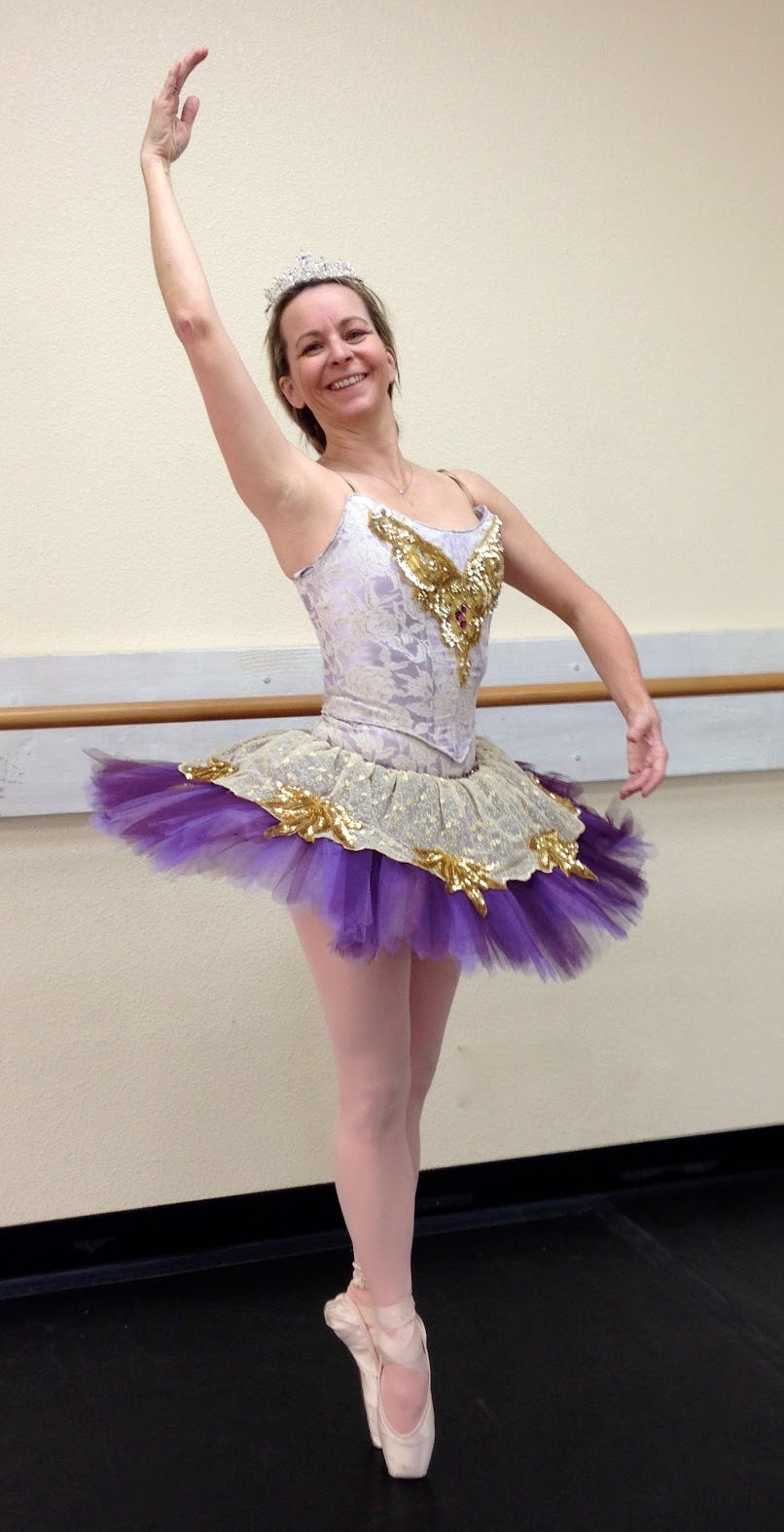 Auburn Ballet Milf Wearing White Opaque Tights And Purple Tutu